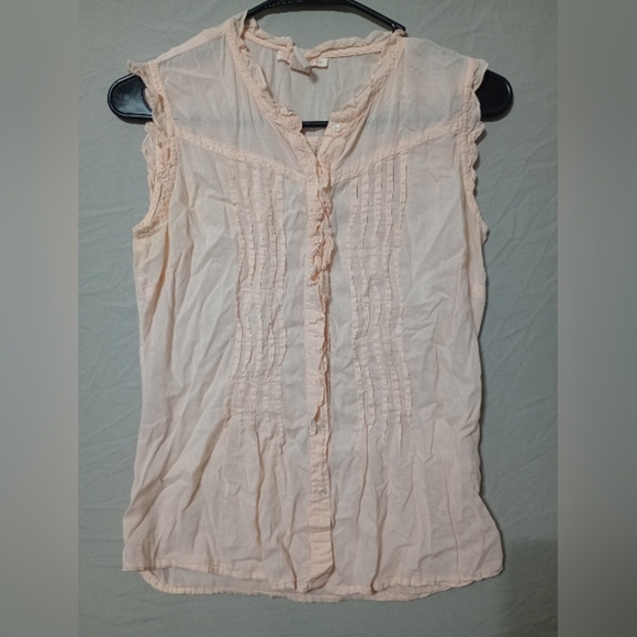 Forever 21 Tops - Forever Twenty One Pink Sheer Button Up Blouse/Top Ruffle Sz M Beachy Preppy